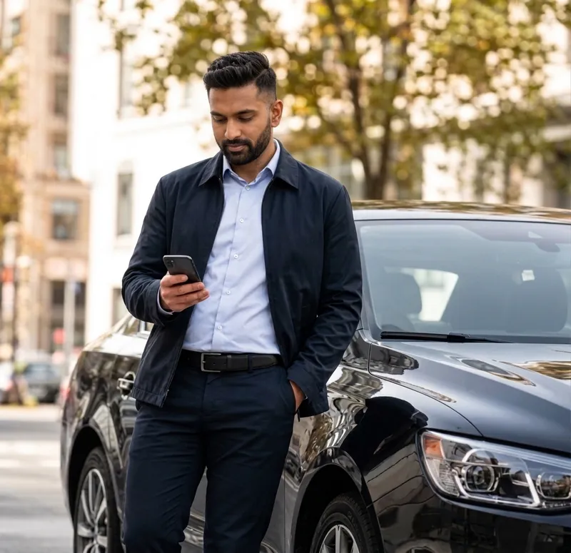 Zakenman met telefoon, leunend tegen een zwarte auto